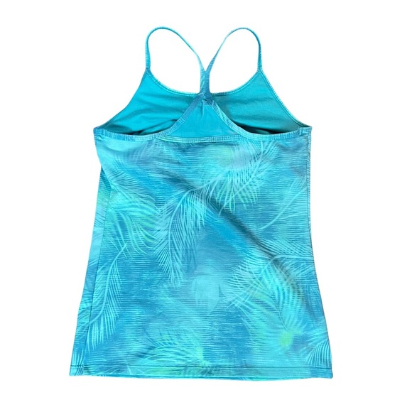 Athleta Girl Tank Top  L 12 Green Leafs TroPical Mesh Build In Bra Stretch. - Picture 2 of 6